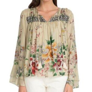 Johnny Was Kofi Silk Peasant Floral Animal Print 100% Silk Blouse Small